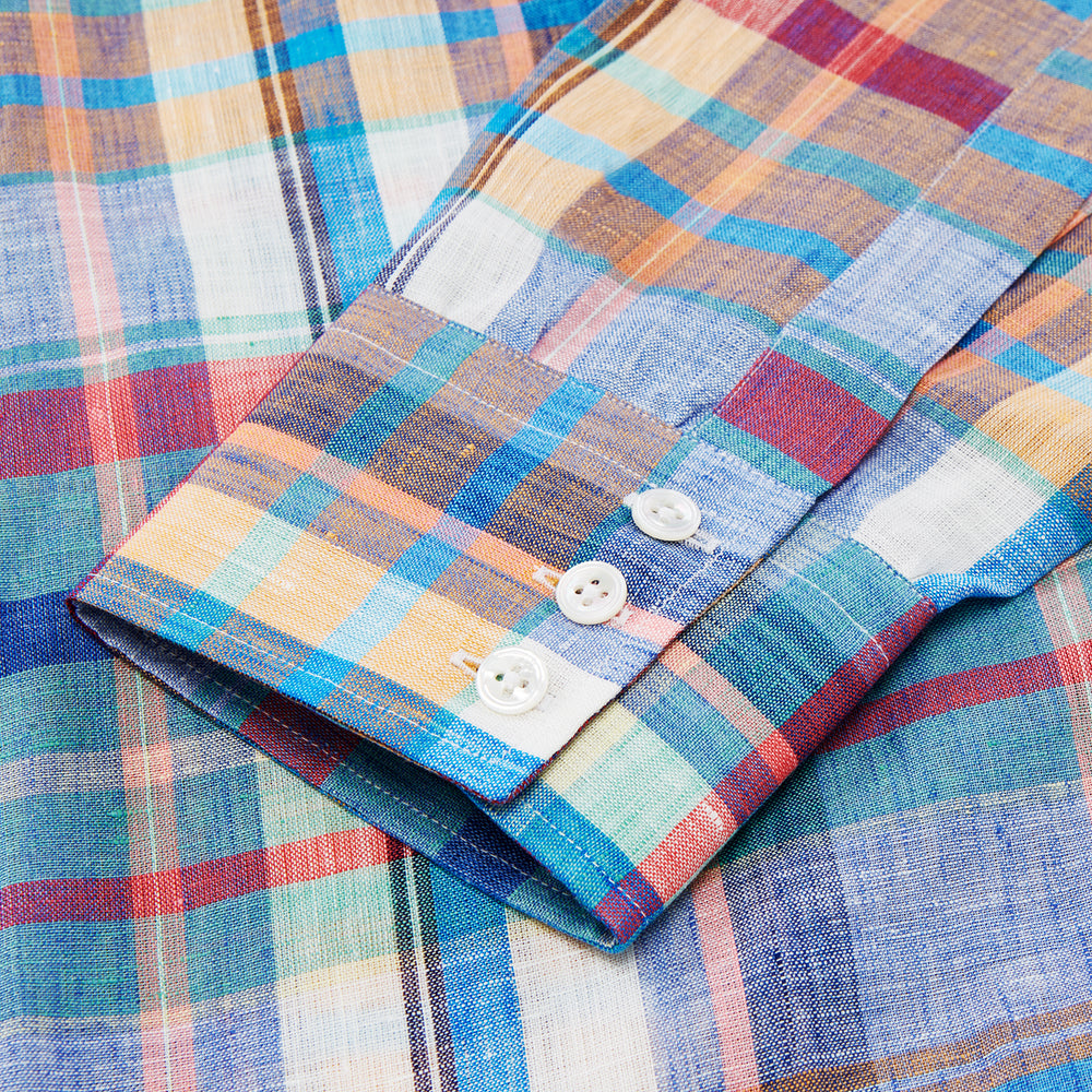 Turnbull & Asser Blue and Teal Madras Check Regular Fit Linen Shirt, featuring a T&A collar and 3-button cuffs, displayed against a plain white background.