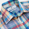 View 2 of product Turnbull & Asser Blue and Teal Madras Check Regular Fit Linen Shirt, featuring a T&A collar and 3-button cuffs, displayed against a plain white background.