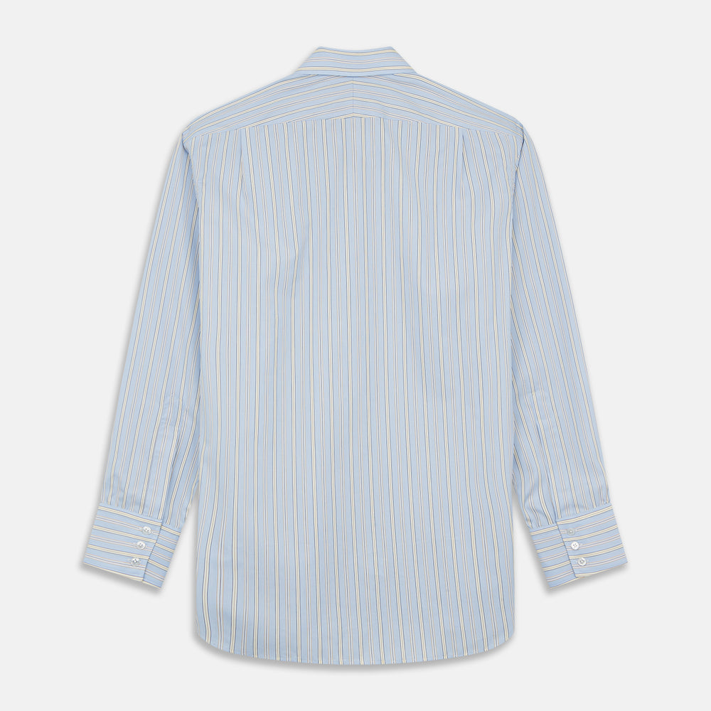 The Turnbull & Asser Blue and Yellow Stripe Poplin Cotton Regular Fit Shirt features a T&A collar, 3-button cuffs, and vertical stripes. It is laid flat on a white background.