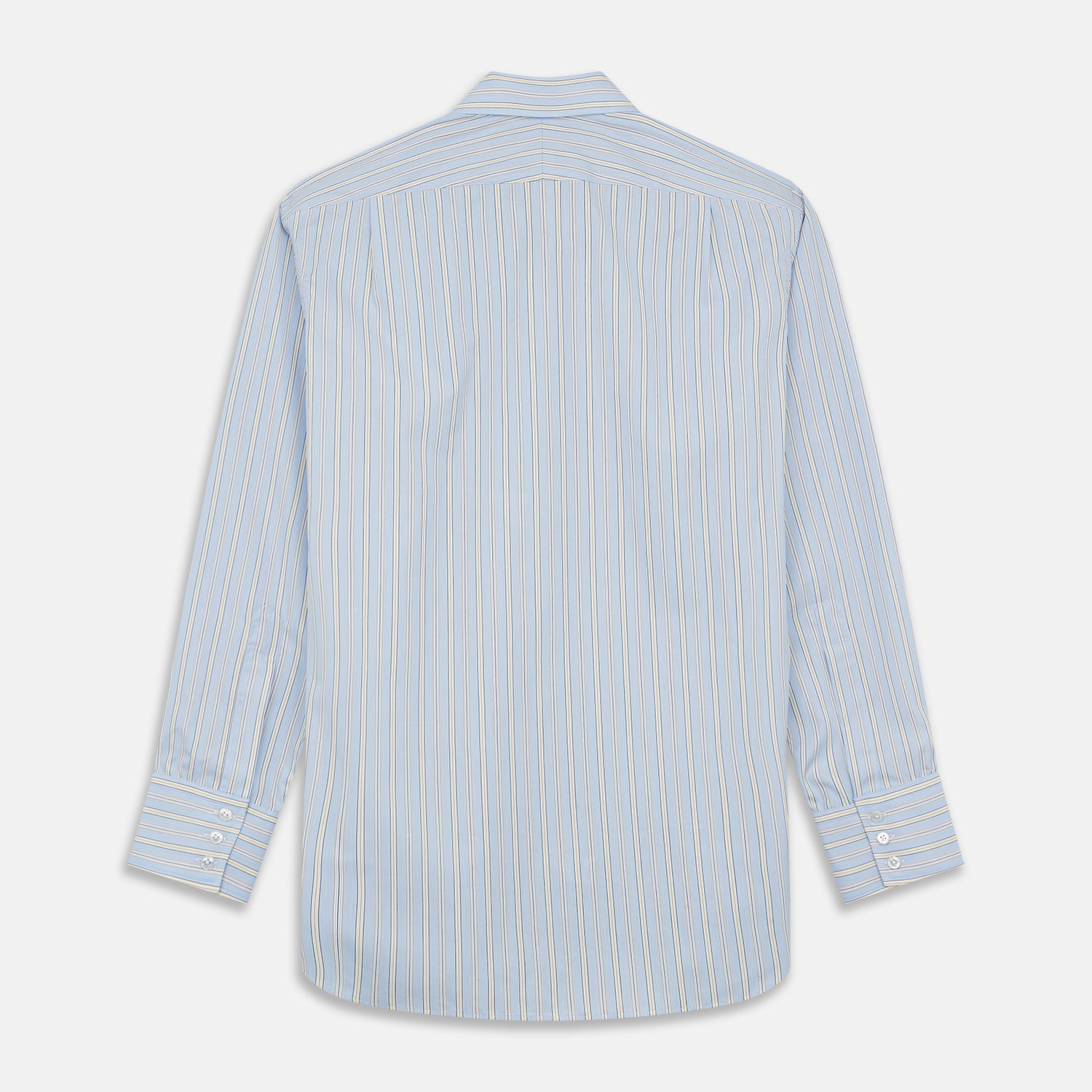 View 4 of product The Turnbull & Asser Blue and Yellow Stripe Poplin Cotton Regular Fit Shirt features a T&A collar, 3-button cuffs, and vertical stripes. It is laid flat on a white background.