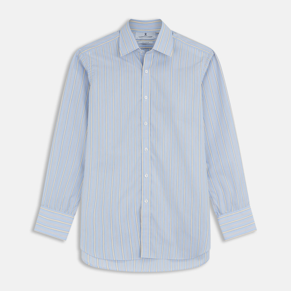 The Turnbull & Asser Blue and Yellow Stripe Poplin Cotton Regular Fit Shirt features a T&A collar, 3-button cuffs, and vertical stripes. It is laid flat on a white background.