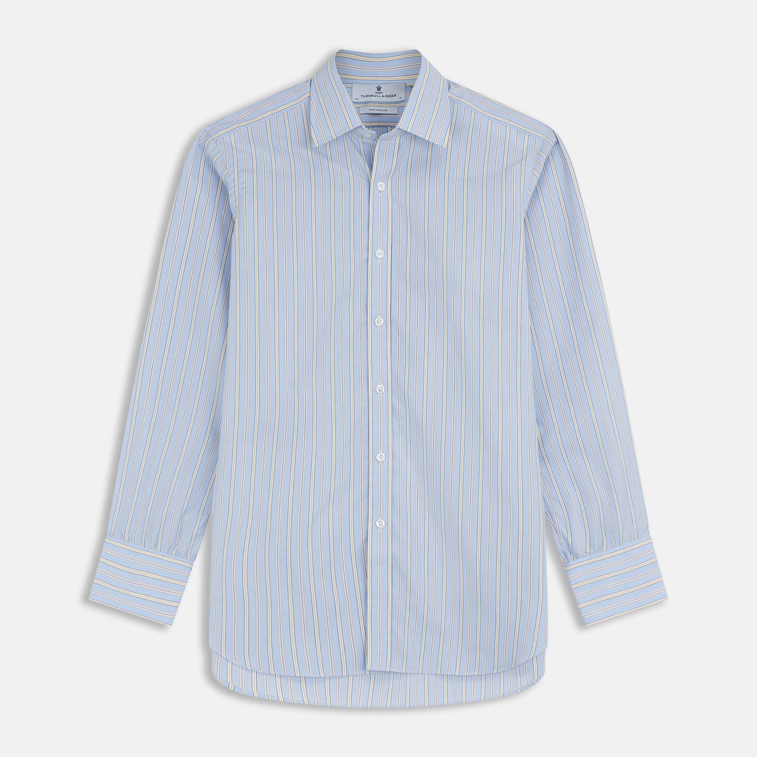 View 1 of product The Turnbull & Asser Blue and Yellow Stripe Poplin Cotton Regular Fit Shirt features a T&A collar, 3-button cuffs, and vertical stripes. It is laid flat on a white background.