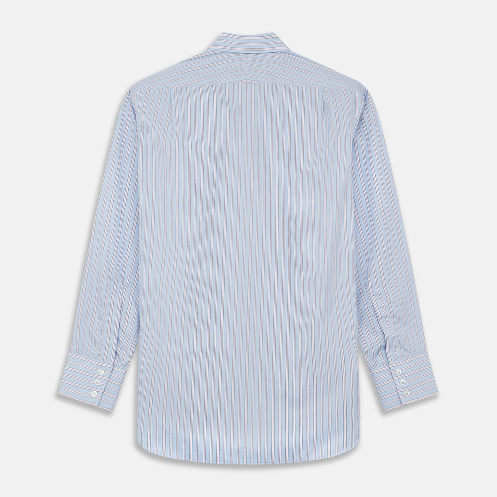 The Turnbull & Asser Blue and Pink Stripe Poplin Cotton Regular Fit Shirt features a T&A collar, 3-button cuffs, and vertical stripes, presented against a plain white background.