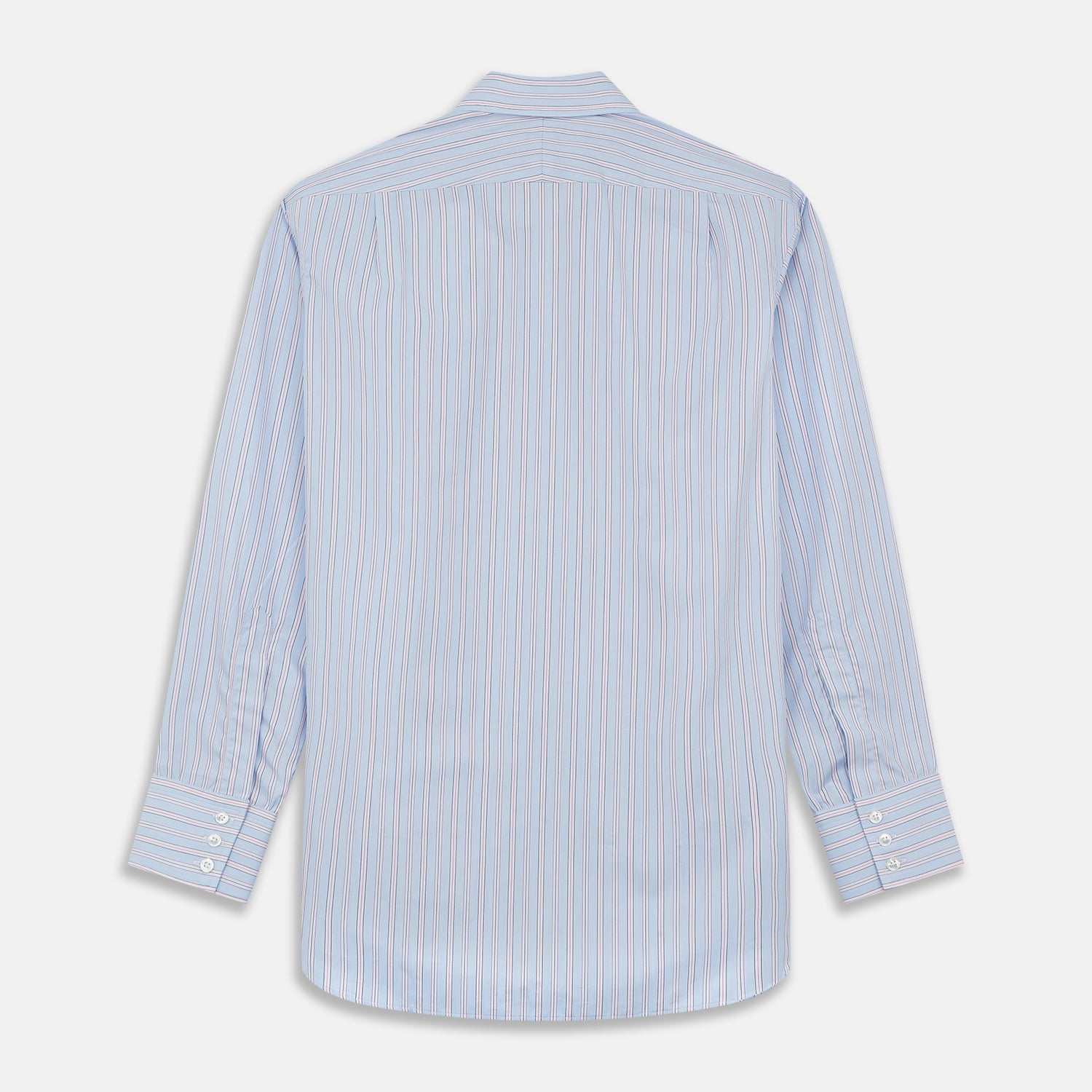 View 4 of product The Turnbull & Asser Blue and Pink Stripe Poplin Cotton Regular Fit Shirt features a T&A collar, 3-button cuffs, and vertical stripes, presented against a plain white background.