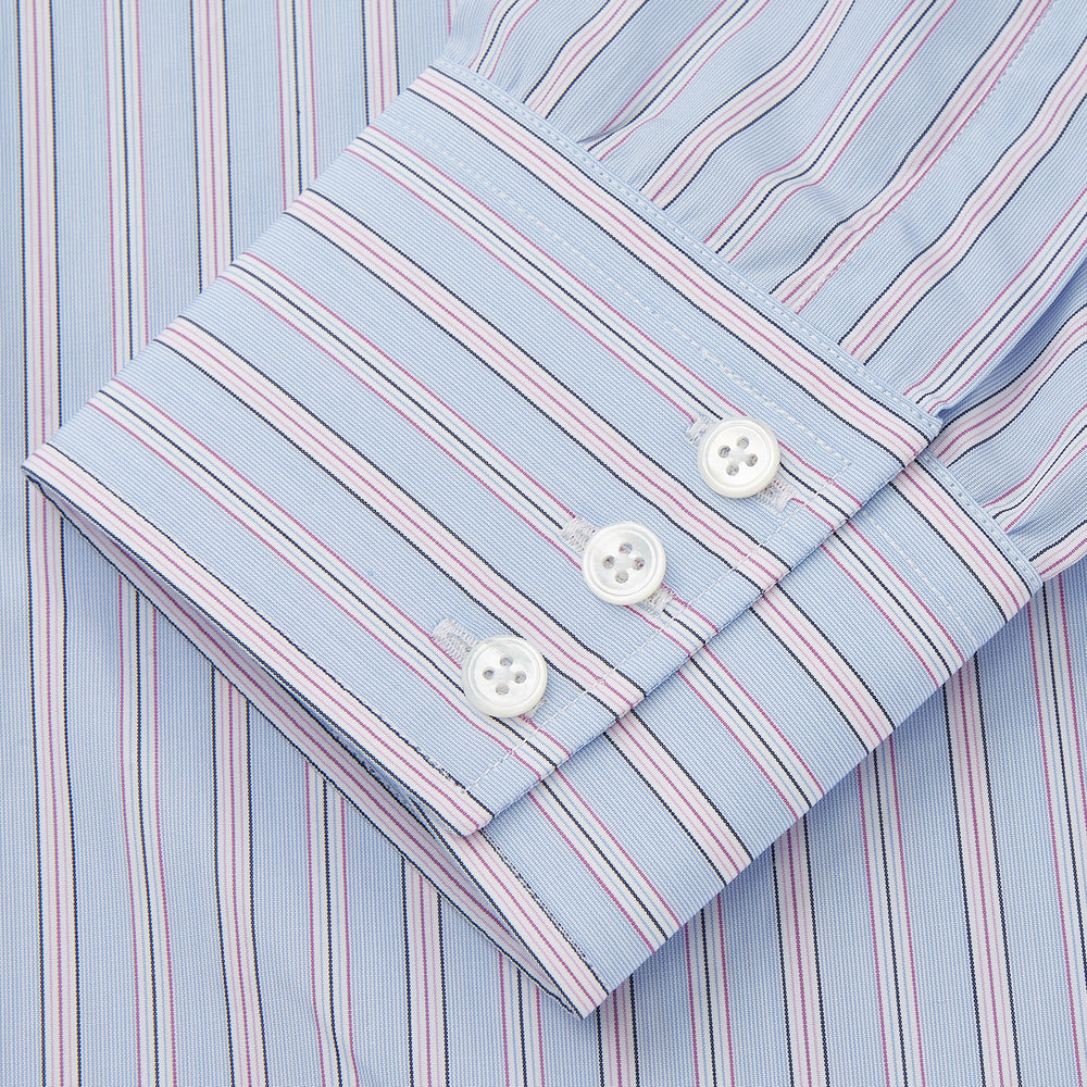 The Turnbull & Asser Blue and Pink Stripe Poplin Cotton Regular Fit Shirt features a T&A collar, 3-button cuffs, and vertical stripes, presented against a plain white background.