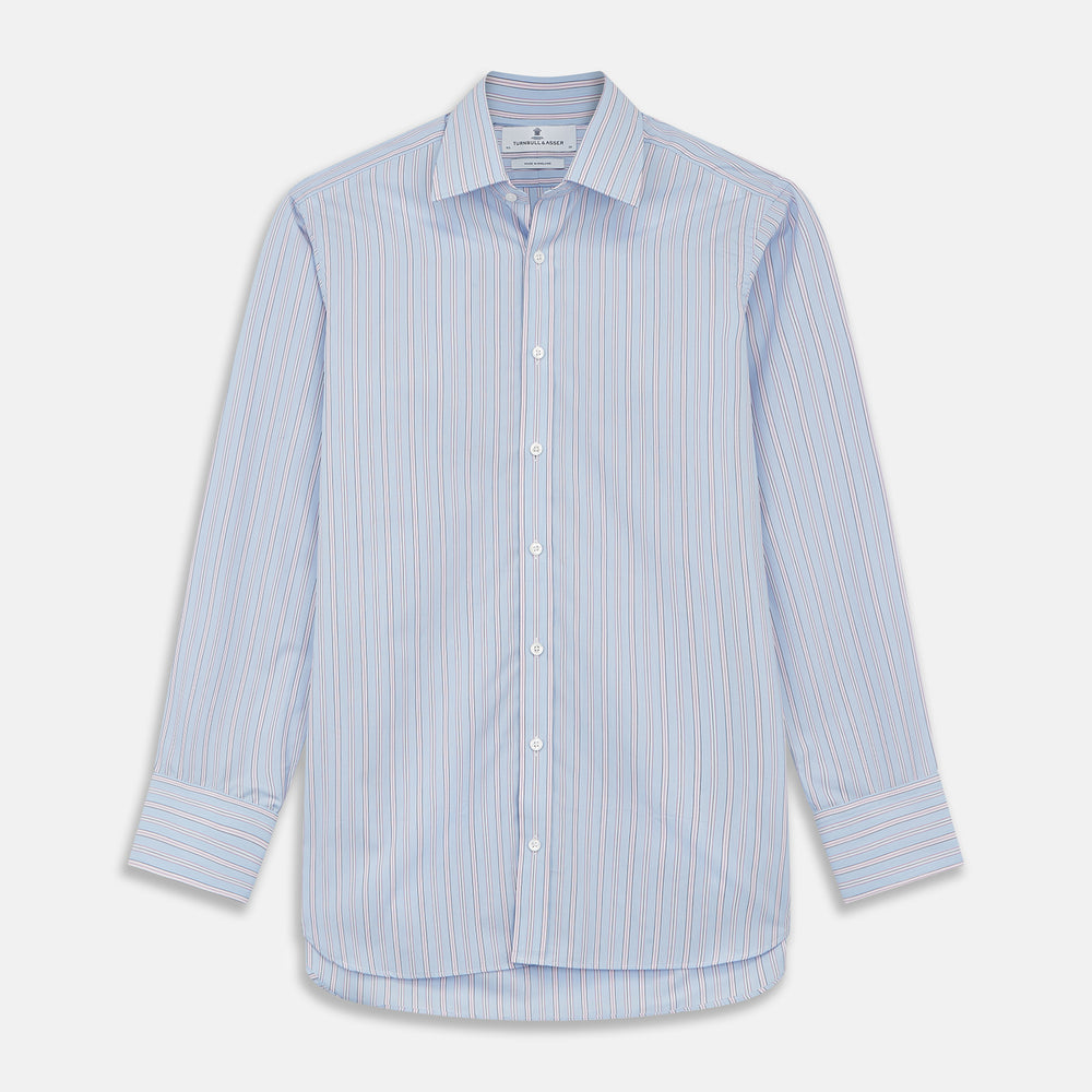 The Turnbull & Asser Blue and Pink Stripe Poplin Cotton Regular Fit Shirt features a T&A collar, 3-button cuffs, and vertical stripes, presented against a plain white background.