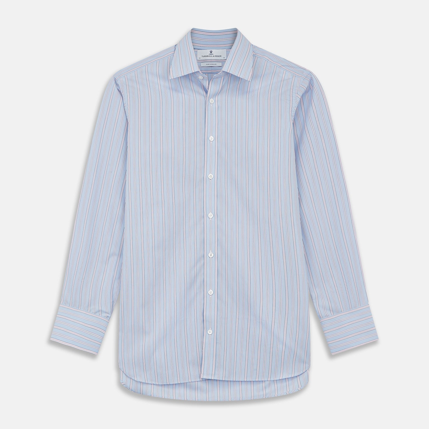 View 1 of product The Turnbull & Asser Blue and Pink Stripe Poplin Cotton Regular Fit Shirt features a T&A collar, 3-button cuffs, and vertical stripes, presented against a plain white background.