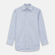 The Turnbull & Asser Blue and Pink Stripe Poplin Cotton Regular Fit Shirt features a T&A collar, 3-button cuffs, and vertical stripes, presented against a plain white background.