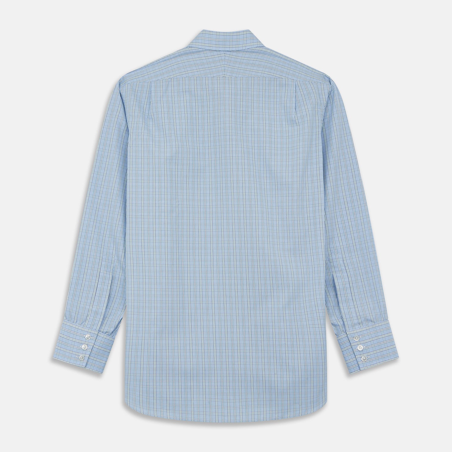 View 4 of product Turnbull & Asser Blue And Green Check Poplin Cotton Regular Fit Shirt, featuring a T&A collar and 3-button cuffs, laid flat on a white background.