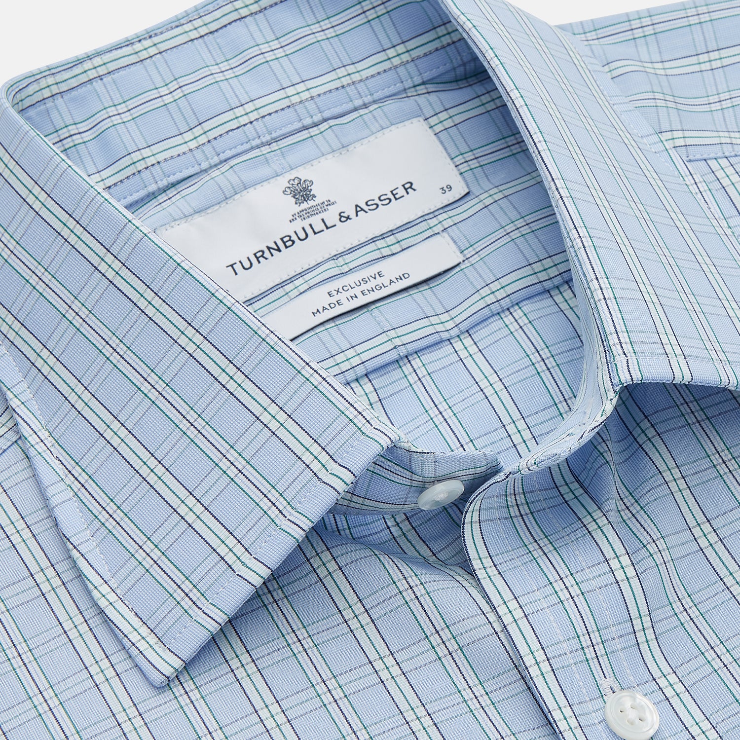 View 2 of product Turnbull & Asser Blue And Green Check Poplin Cotton Regular Fit Shirt, featuring a T&A collar and 3-button cuffs, laid flat on a white background.