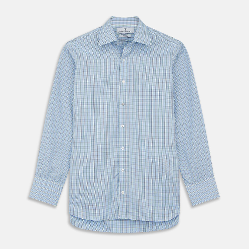 Turnbull & Asser Blue And Green Check Poplin Cotton Regular Fit Shirt, featuring a T&A collar and 3-button cuffs, laid flat on a white background.
