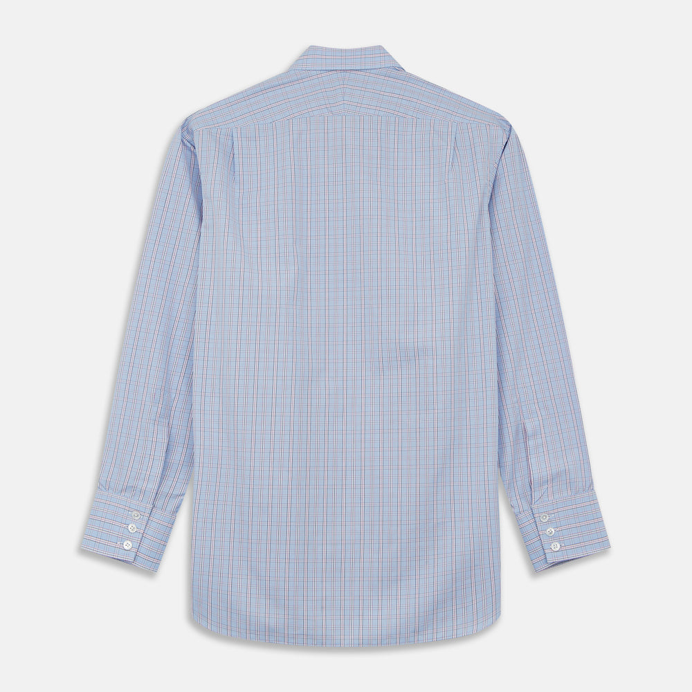 The Turnbull & Asser Blue and Pink Check Poplin Cotton Regular Fit Shirt features a T&A collar, 3-button cuffs, and a blue and pink check pattern, shown laid flat on a white background.