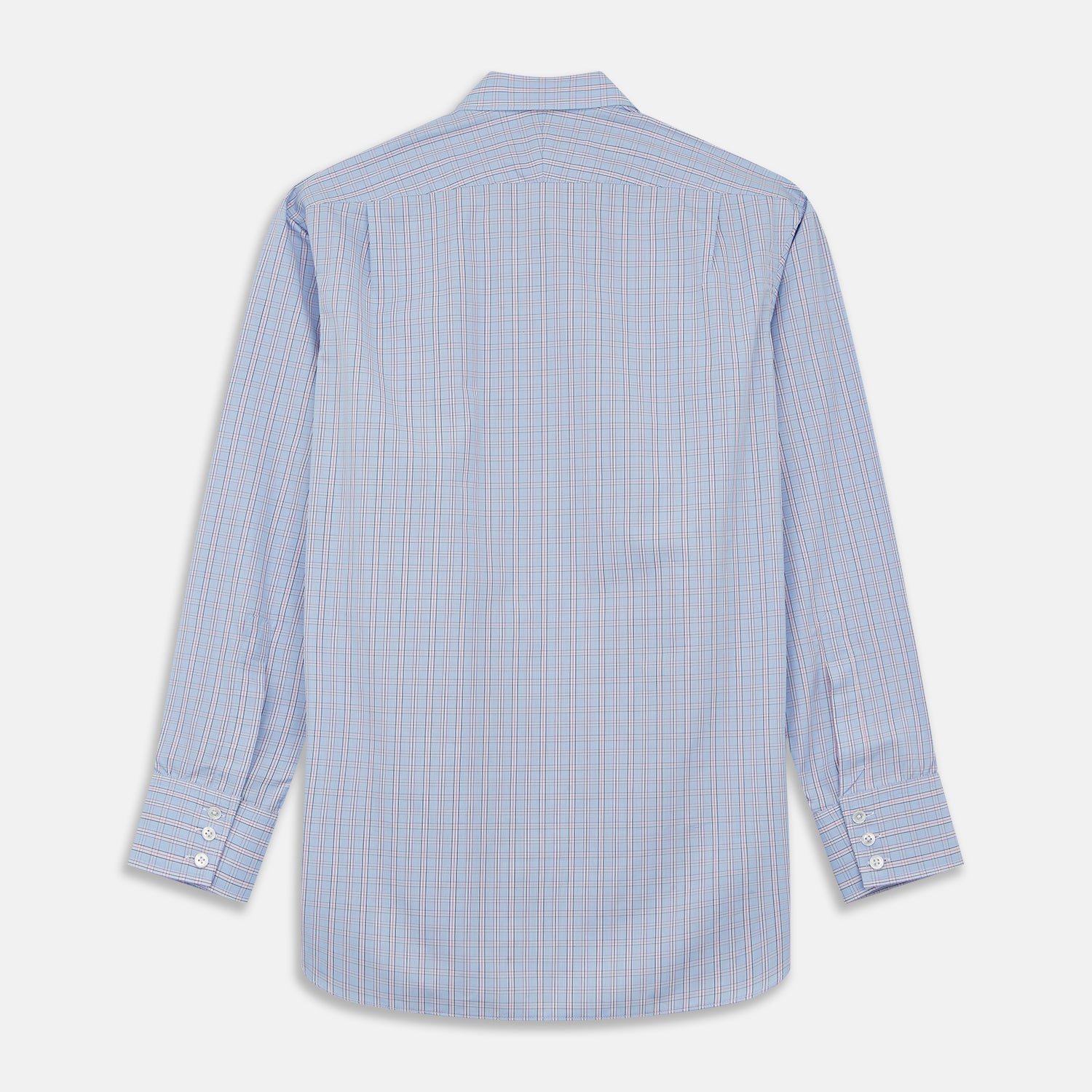 View 4 of product The Turnbull & Asser Blue and Pink Check Poplin Cotton Regular Fit Shirt features a T&A collar, 3-button cuffs, and a blue and pink check pattern, shown laid flat on a white background.