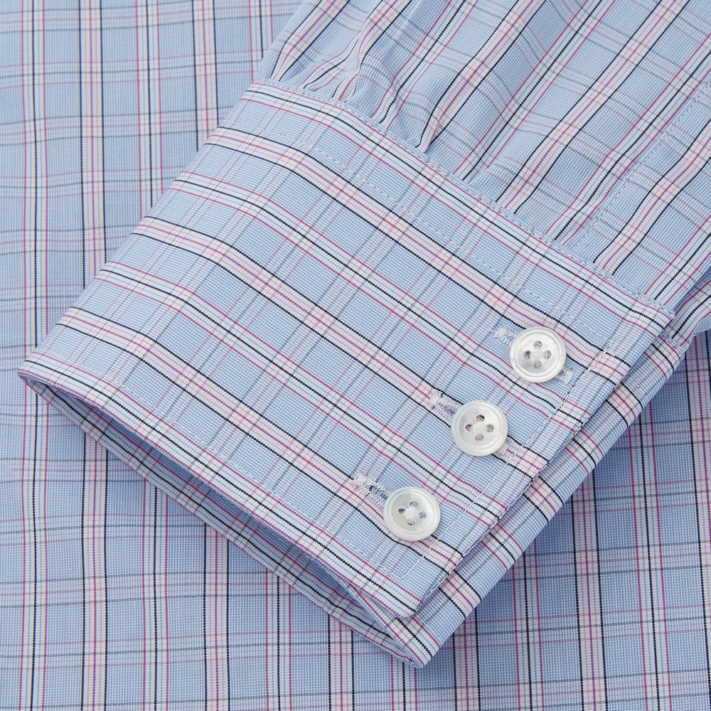 The Turnbull & Asser Blue and Pink Check Poplin Cotton Regular Fit Shirt features a T&A collar, 3-button cuffs, and a blue and pink check pattern, shown laid flat on a white background.