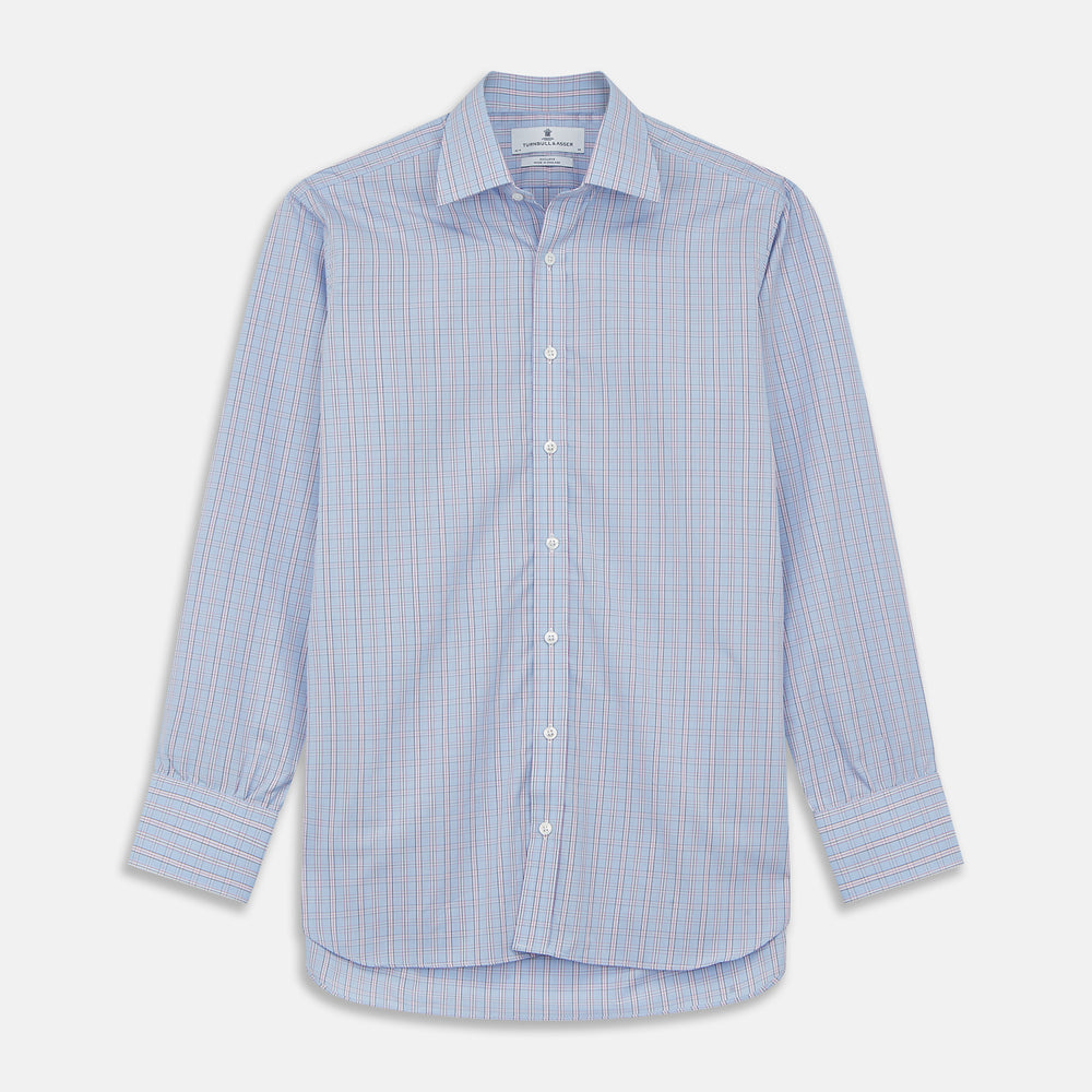The Turnbull & Asser Blue and Pink Check Poplin Cotton Regular Fit Shirt features a T&A collar, 3-button cuffs, and a blue and pink check pattern, shown laid flat on a white background.