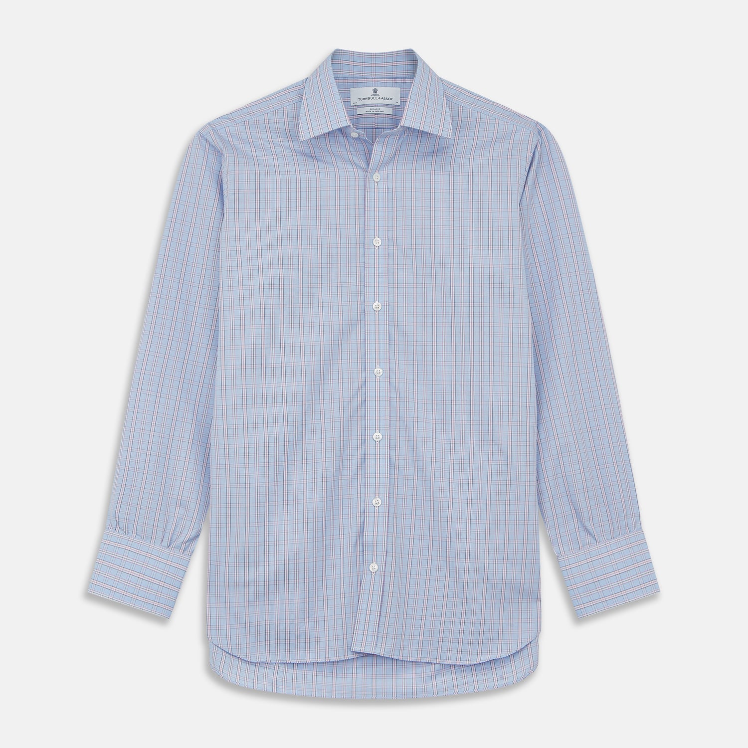 View 1 of product The Turnbull & Asser Blue and Pink Check Poplin Cotton Regular Fit Shirt features a T&A collar, 3-button cuffs, and a blue and pink check pattern, shown laid flat on a white background.