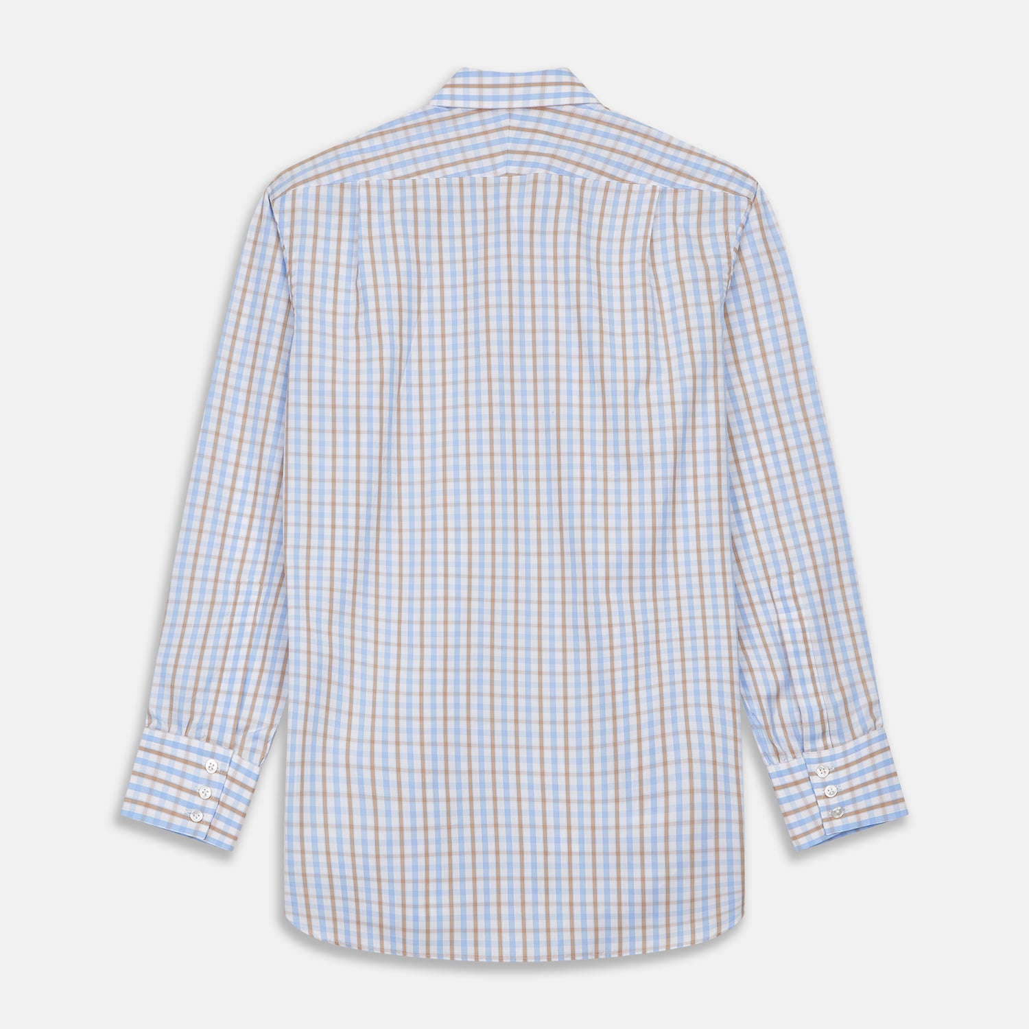 View 4 of product The Turnbull & Asser Blue and Brown Check Poplin Shirt features a T&A collar, 3-button cuffs, and a regular fit cotton construction, shown laid flat against a white background.