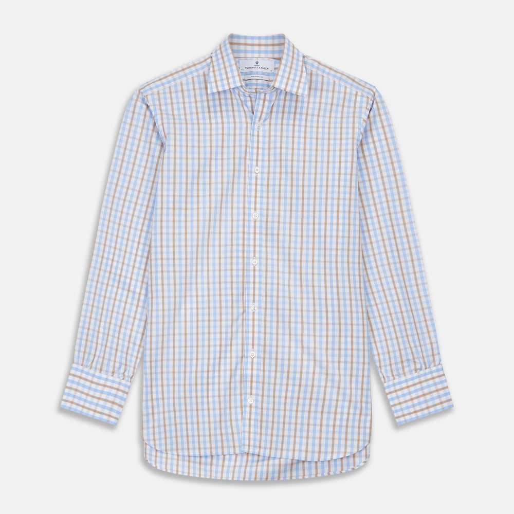 The Turnbull & Asser Blue and Brown Check Poplin Shirt features a T&A collar, 3-button cuffs, and a regular fit cotton construction, shown laid flat against a white background.