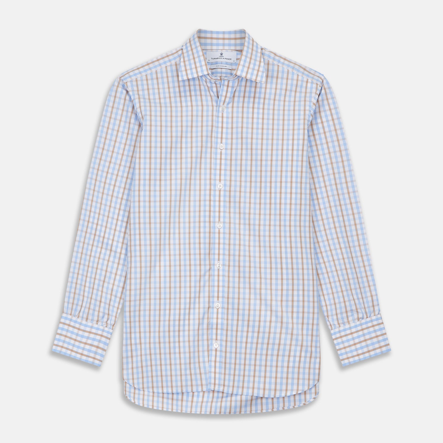 View 1 of product The Turnbull & Asser Blue and Brown Check Poplin Shirt features a T&A collar, 3-button cuffs, and a regular fit cotton construction, shown laid flat against a white background.
