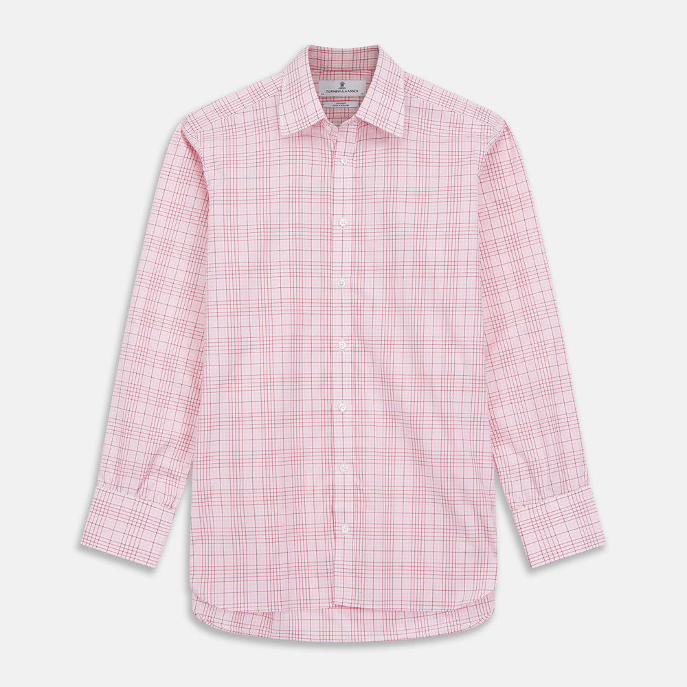 The Turnbull & Asser Pink Fine Check Shirt features superfine cotton Zephir, a T&A collar, and three-button cuffs, shown laid flat on a white background.