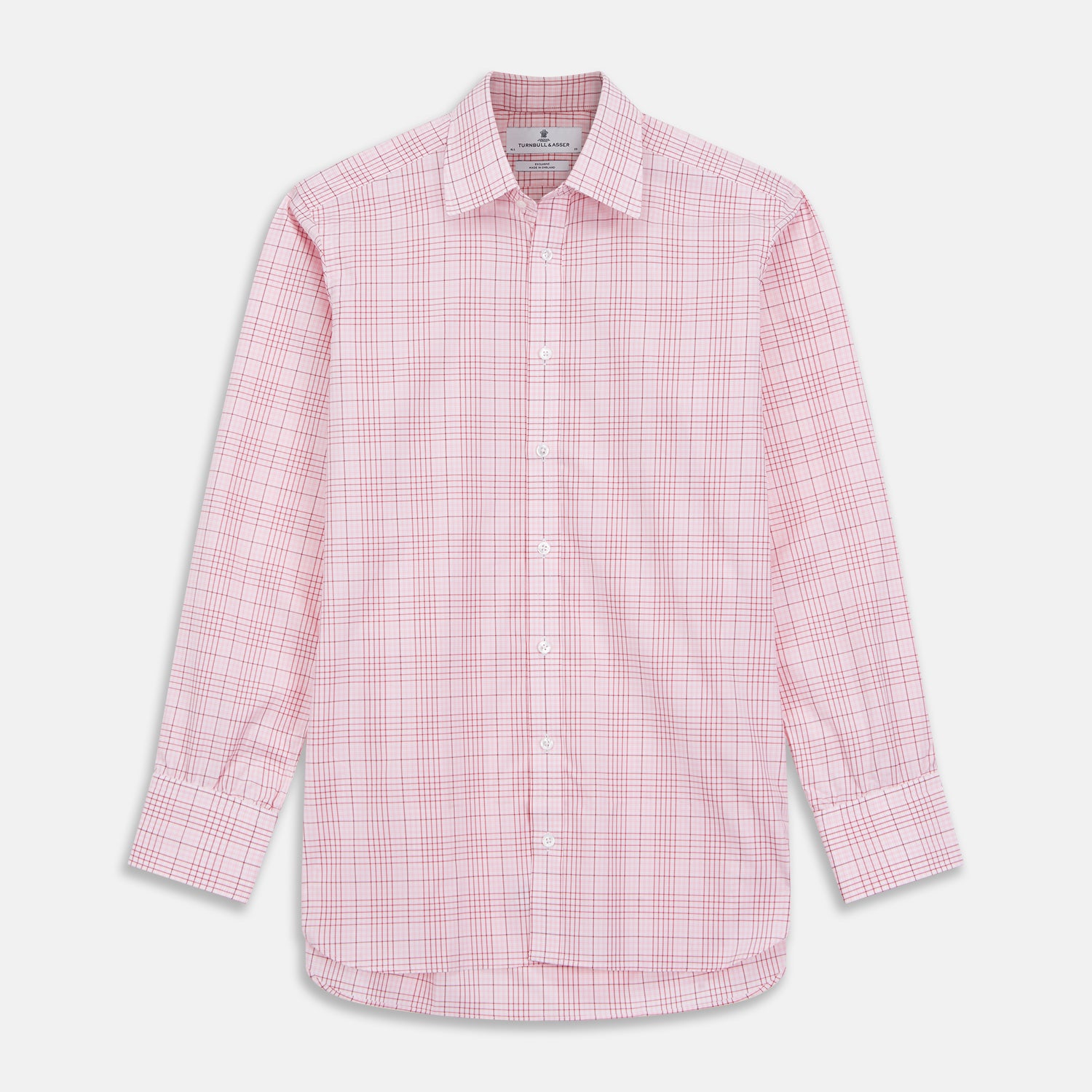 View 1 of product The Turnbull & Asser Pink Fine Check Shirt features superfine cotton Zephir, a T&A collar, and three-button cuffs, shown laid flat on a white background.