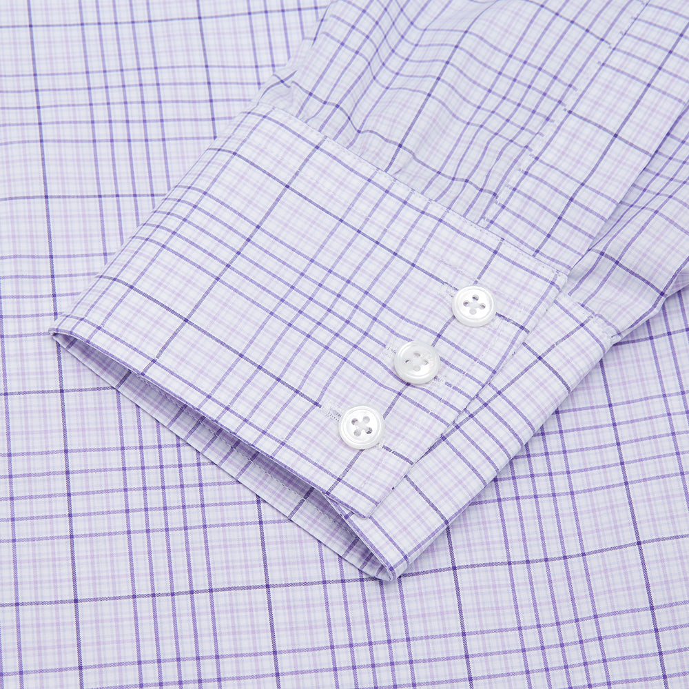 The Turnbull & Asser SHI002-HH3865 shirt features a fine purple check pattern, TA collar, 3 button cuffs, crafted from superfine Zephir cotton. Shown laid flat on a white background.