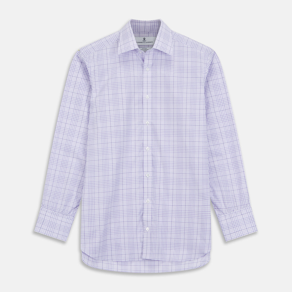 The Turnbull & Asser SHI002-HH3865 shirt features a fine purple check pattern, TA collar, 3 button cuffs, crafted from superfine Zephir cotton. Shown laid flat on a white background.