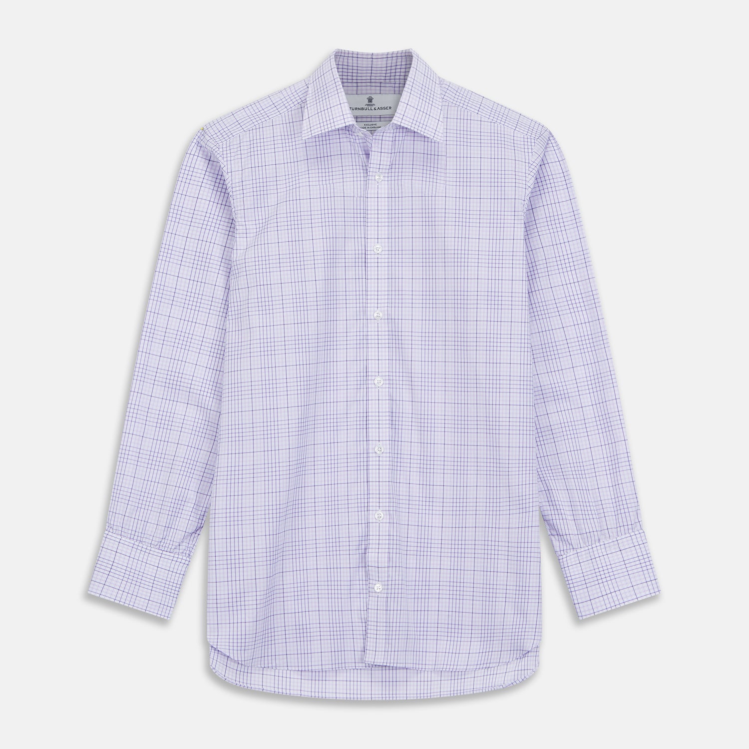 View 1 of product The Turnbull & Asser SHI002-HH3865 shirt features a fine purple check pattern, TA collar, 3 button cuffs, crafted from superfine Zephir cotton. Shown laid flat on a white background.