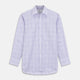 The Turnbull & Asser SHI002-HH3865 shirt features a fine purple check pattern, TA collar, 3 button cuffs, crafted from superfine Zephir cotton. Shown laid flat on a white background.