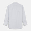 View 4 of product The Turnbull & Asser White and Blue Stripe Sea Island Quality Cotton Shirt features a T&A collar, 3-button cuffs, and fine vertical stripes, displayed on a white background.