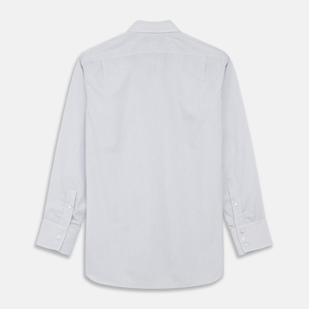 The Turnbull & Asser White and Blue Stripe Sea Island Quality Cotton Shirt features a T&A collar, 3-button cuffs, and fine vertical stripes, displayed on a white background.