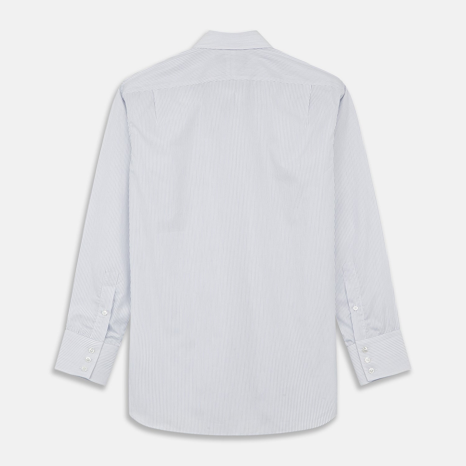 View 4 of product The Turnbull & Asser White and Blue Stripe Sea Island Quality Cotton Shirt features a T&A collar, 3-button cuffs, and fine vertical stripes, displayed on a white background.