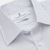 View 2 of product The Turnbull & Asser White and Blue Stripe Sea Island Quality Cotton Shirt features a T&A collar, 3-button cuffs, and fine vertical stripes, displayed on a white background.