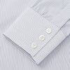 View 3 of product The Turnbull & Asser White and Blue Stripe Sea Island Quality Cotton Shirt features a T&A collar, 3-button cuffs, and fine vertical stripes, displayed on a white background.