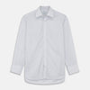 View 1 of product The Turnbull & Asser White and Blue Stripe Sea Island Quality Cotton Shirt features a T&A collar, 3-button cuffs, and fine vertical stripes, displayed on a white background.