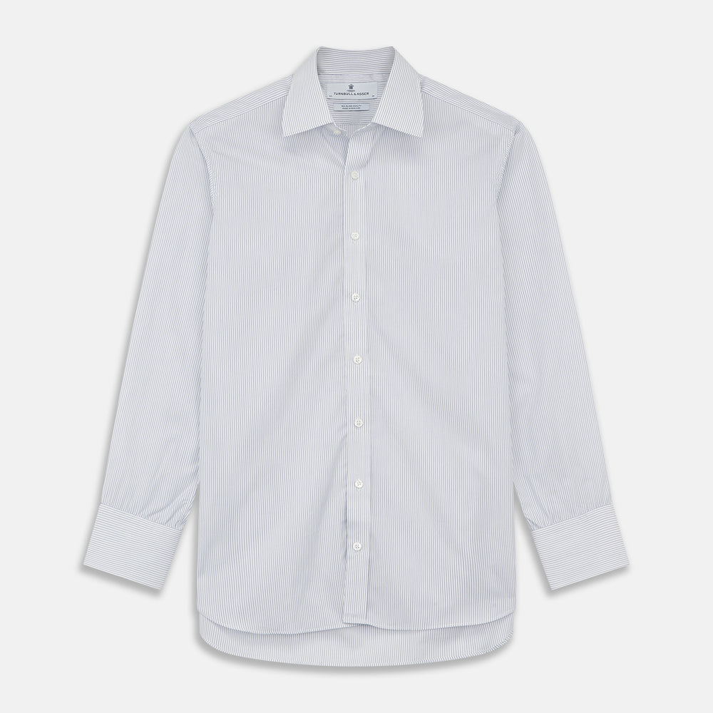 The Turnbull & Asser White and Blue Stripe Sea Island Quality Cotton Shirt features a T&A collar, 3-button cuffs, and fine vertical stripes, displayed on a white background.