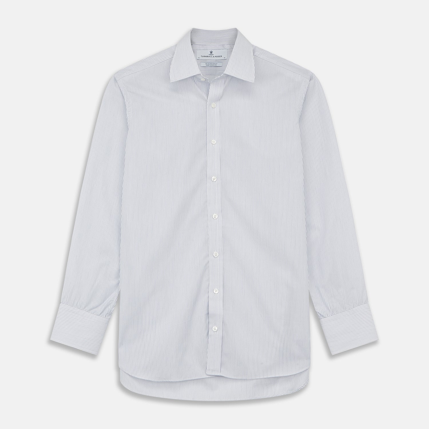 View 1 of product The Turnbull & Asser White and Blue Stripe Sea Island Quality Cotton Shirt features a T&A collar, 3-button cuffs, and fine vertical stripes, displayed on a white background.