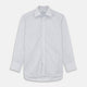The Turnbull & Asser White and Blue Stripe Sea Island Quality Cotton Shirt features a T&A collar, 3-button cuffs, and fine vertical stripes, displayed on a white background.