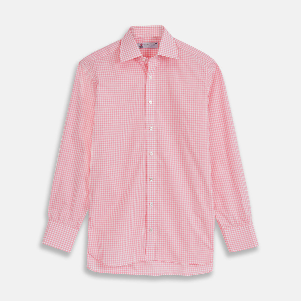 The Pink & White Cotton Gingham Check Shirt with T&A Collar and 3-button cuffs by Turnbull & Asser is shown on a white background—style it with Turnbull chinos for a timeless classic look.