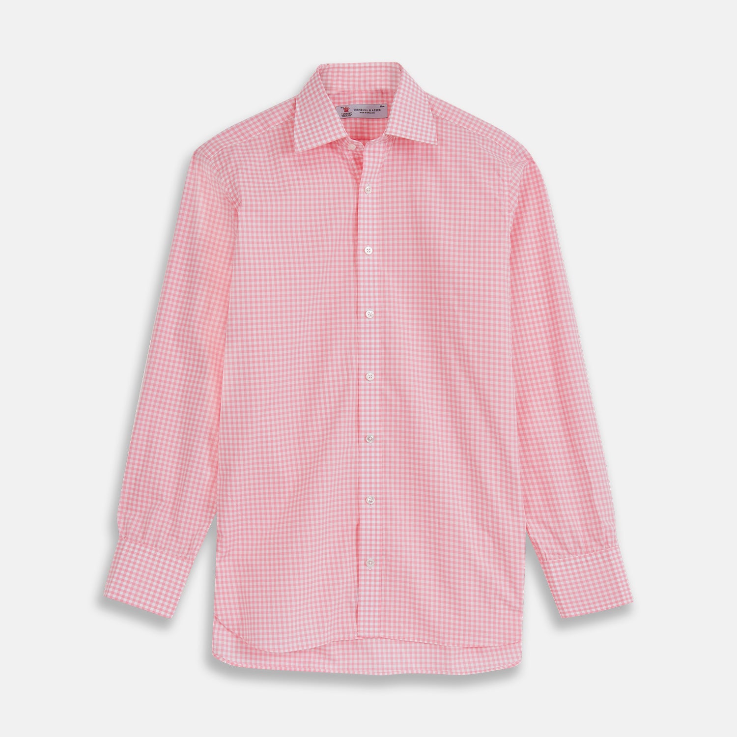 View 1 of product The Pink & White Cotton Gingham Check Shirt with T&A Collar and 3-button cuffs by Turnbull & Asser is shown on a white background—style it with Turnbull chinos for a timeless classic look.