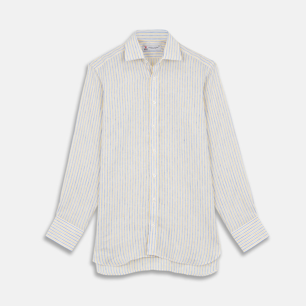 Turnbull & Asser's Yellow and Blue Ticking Stripe Linen Shirt features a POW collar and 3-button cuffs, displayed on a plain light gray background.