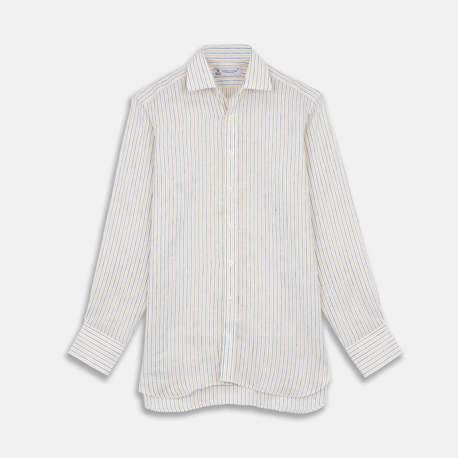 View 1 of product Turnbull & Asser's Yellow and Blue Ticking Stripe Linen Shirt features a POW collar and 3-button cuffs, displayed on a plain light gray background.