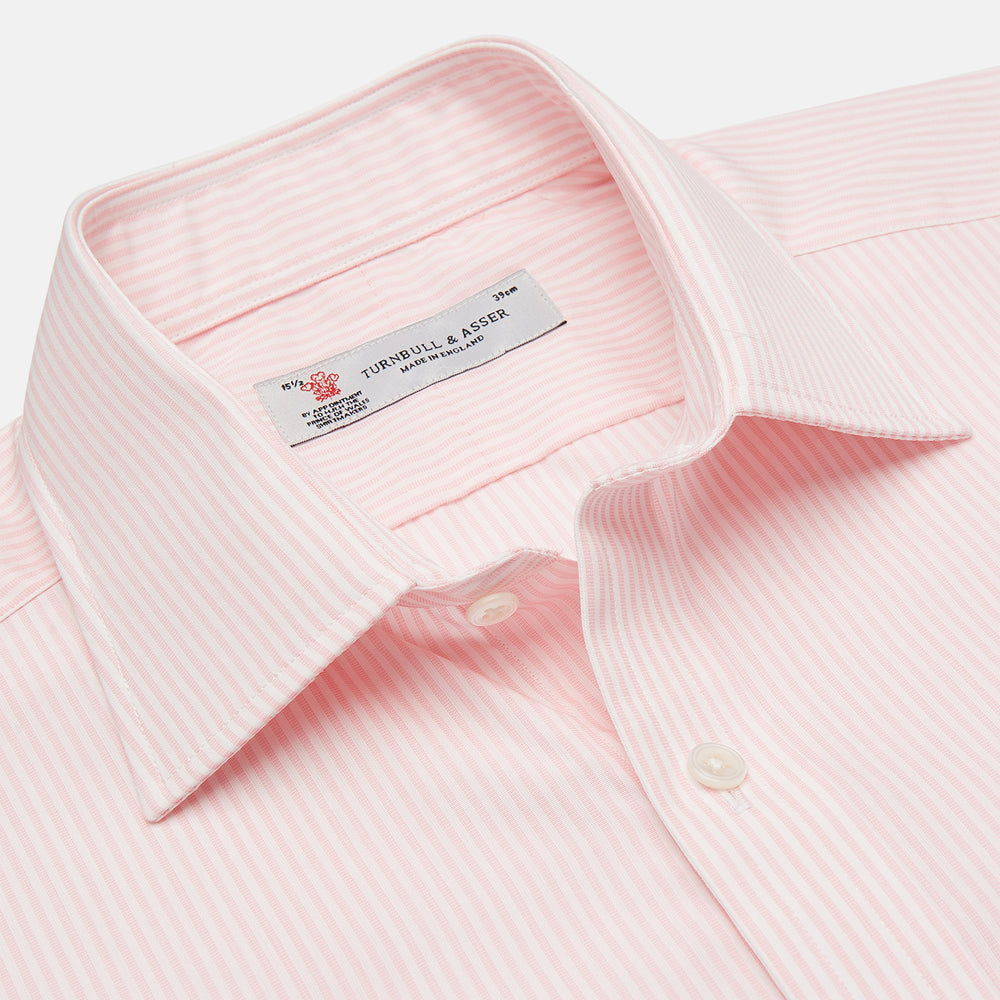 The Turnbull & Asser Pink and White Stripe Shirt features a POW collar and 3-button cuffs, displayed laid flat on a white background.