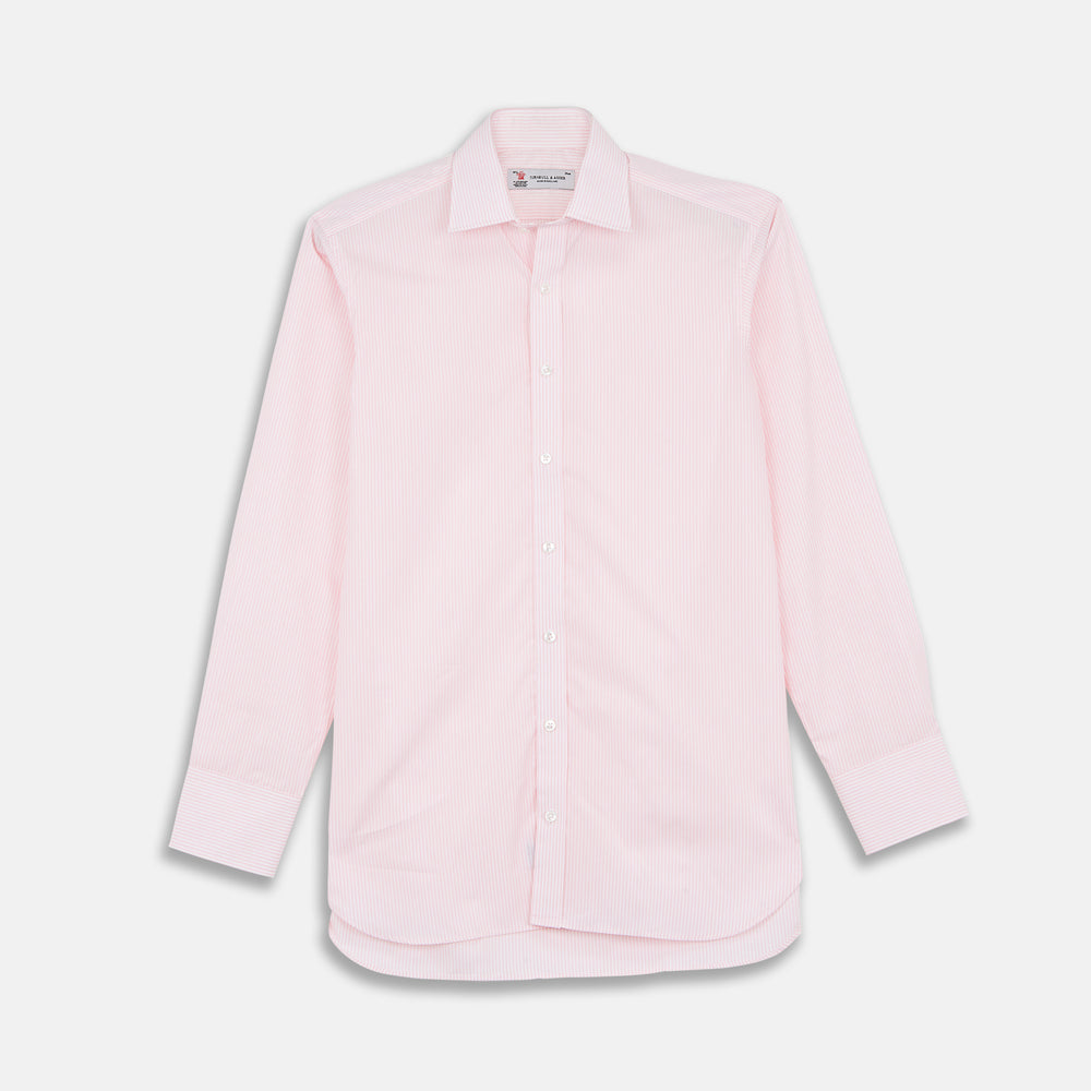 The Turnbull & Asser Pink and White Stripe Shirt features a POW collar and 3-button cuffs, displayed laid flat on a white background.