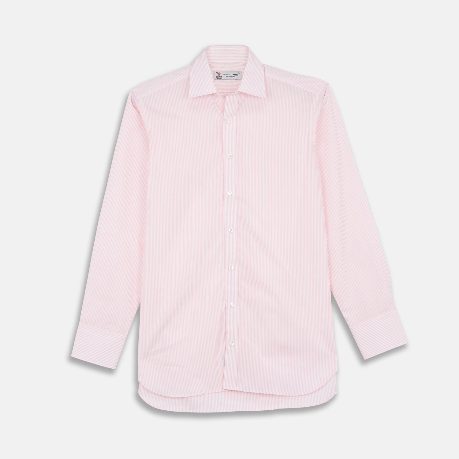 View 1 of product The Turnbull & Asser Pink and White Stripe Shirt features a POW collar and 3-button cuffs, displayed laid flat on a white background.
