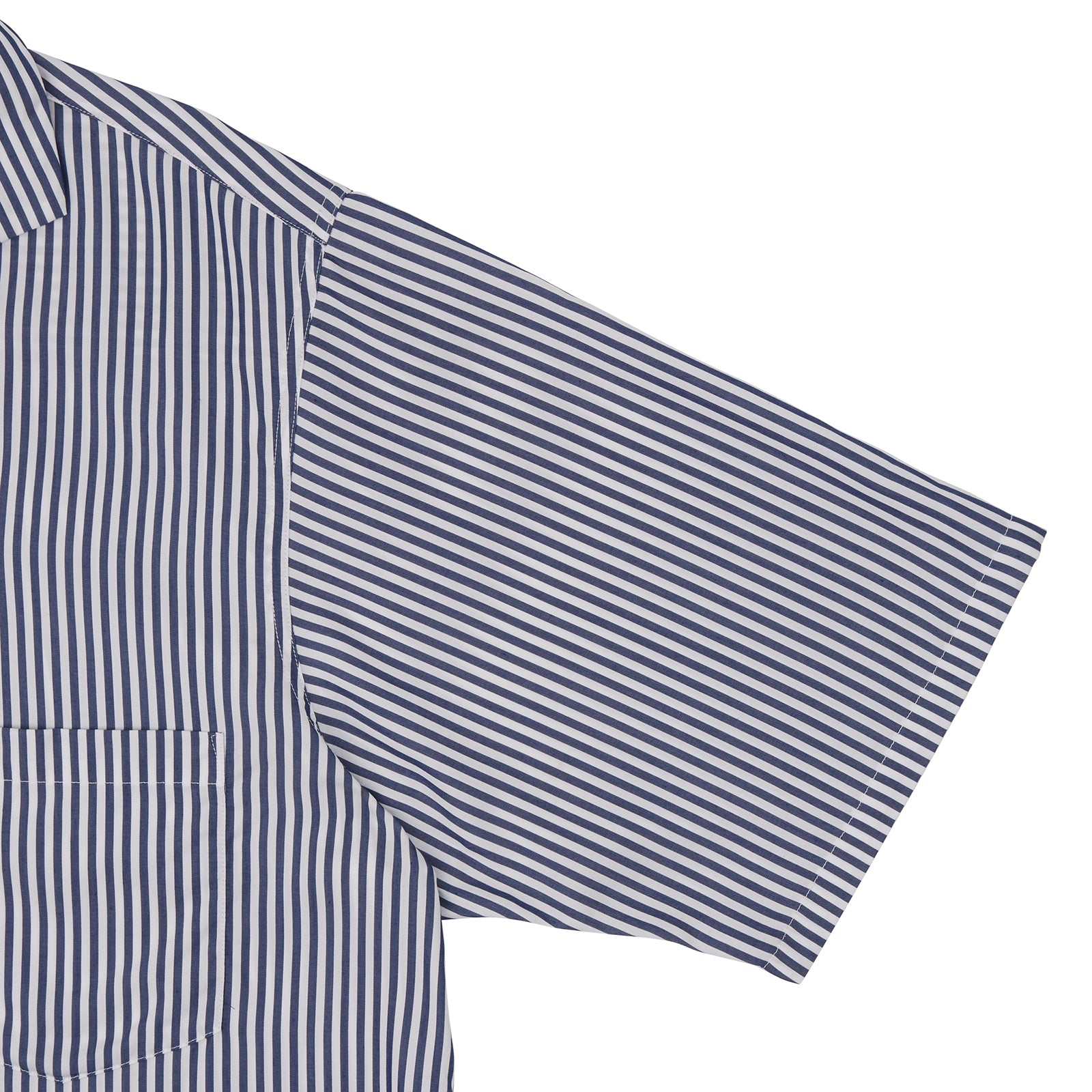 View 3 of product The Turnbull & Asser Navy & White Lyocell Stripe Holiday Fit Shirt is a short-sleeve button-up with a revere collar, vertical navy and white stripes, and a left chest pocket.