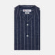 The Turnbull & Asser Holiday Fit Stripe Linen Short Sleeve Shirt features a navy background with vertical white stripes, a revere collar, and white buttons.