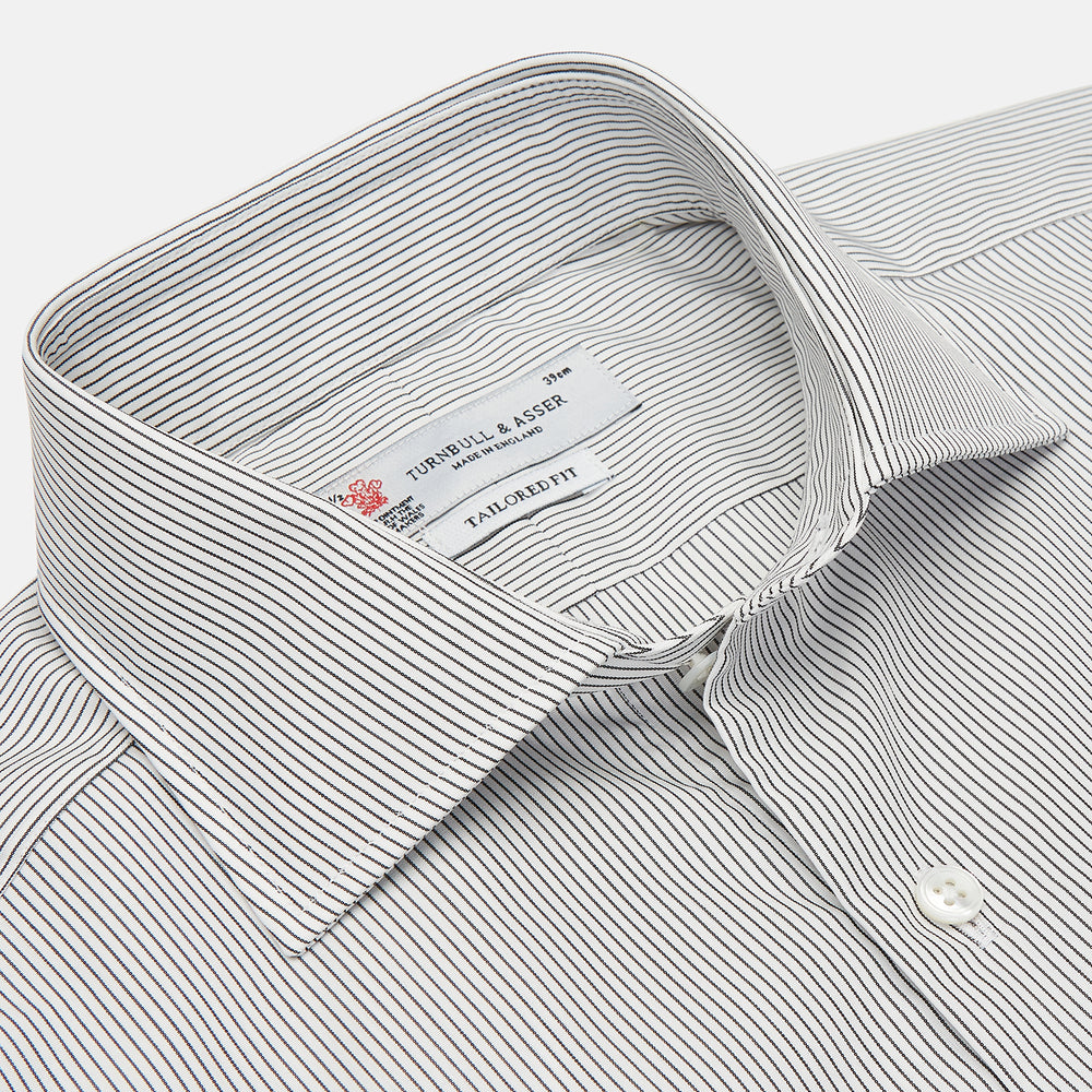Turnbull & Asser's Tailored Fit Grey and White Pinstripe Shirt features a Kent collar, 2-button cuffs, and white buttons. Displayed on a plain white background.
