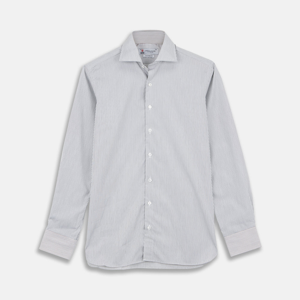 Turnbull & Asser's Tailored Fit Grey and White Pinstripe Shirt features a Kent collar, 2-button cuffs, and white buttons. Displayed on a plain white background.