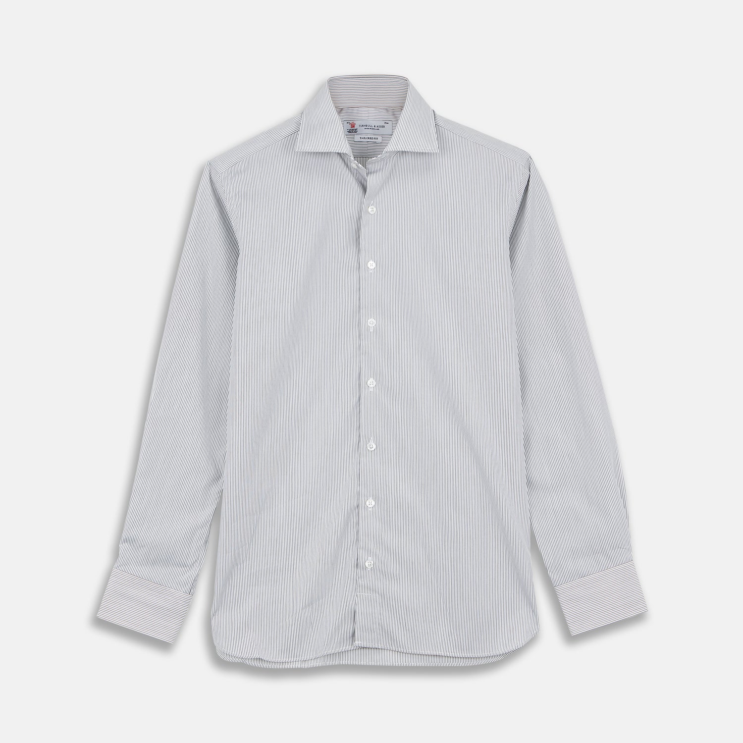 View 1 of product Turnbull & Asser's Tailored Fit Grey and White Pinstripe Shirt features a Kent collar, 2-button cuffs, and white buttons. Displayed on a plain white background.